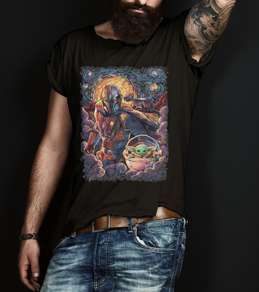 Mandalorian And Grogu Starry Night Art Style T-Shirt