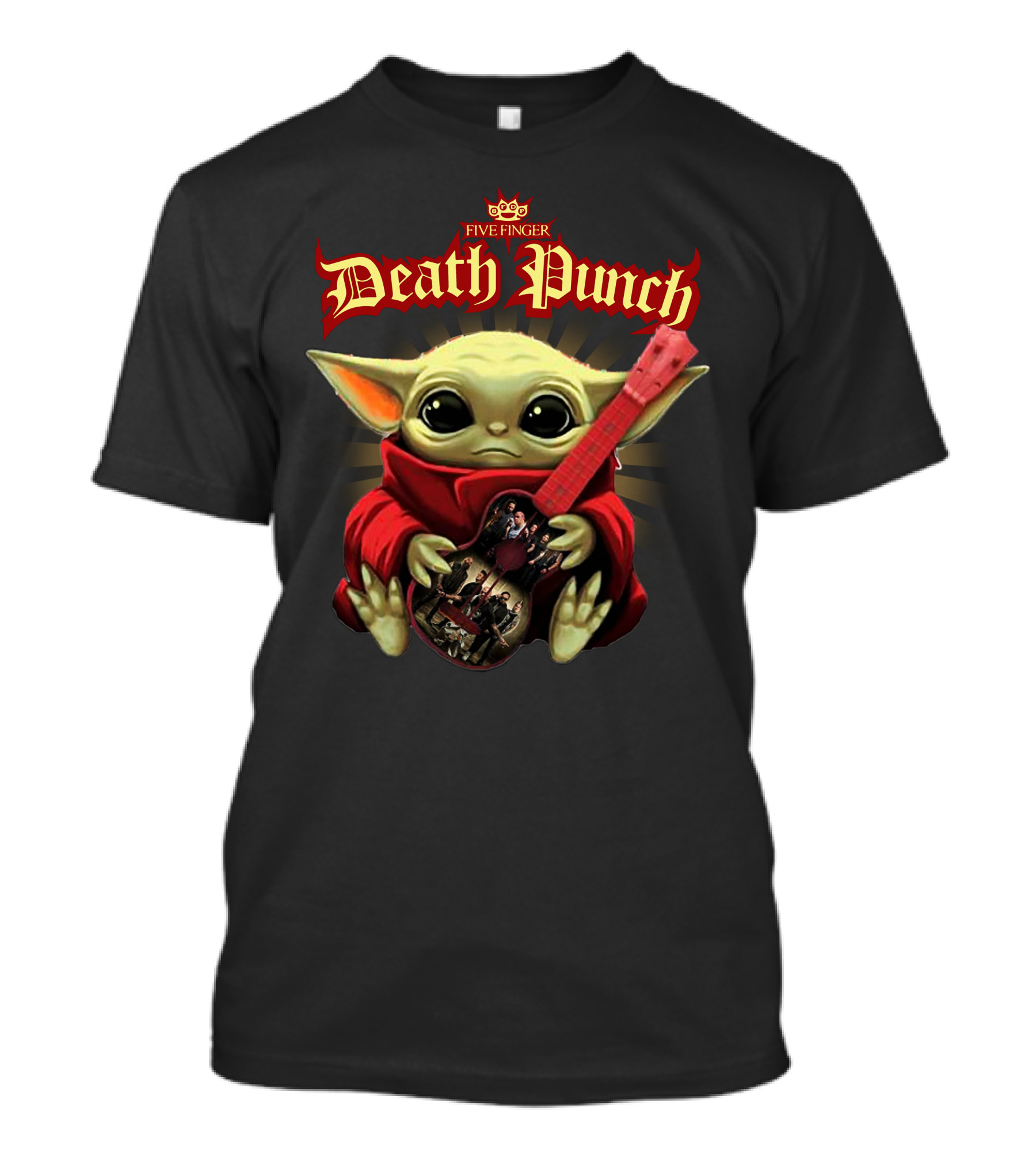 Five Finger Death Punch Baby Yoda Holding Red Guitar T-Shirt