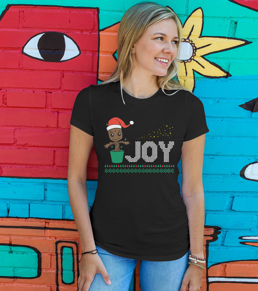 Joy Dancing Christmas Tree With Santa Hat And Stars T-Shirt