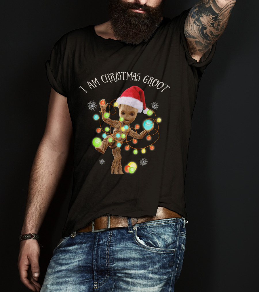 I Am Christmas Groot Holiday Edition With Santa Hat And Lights T-Shirt