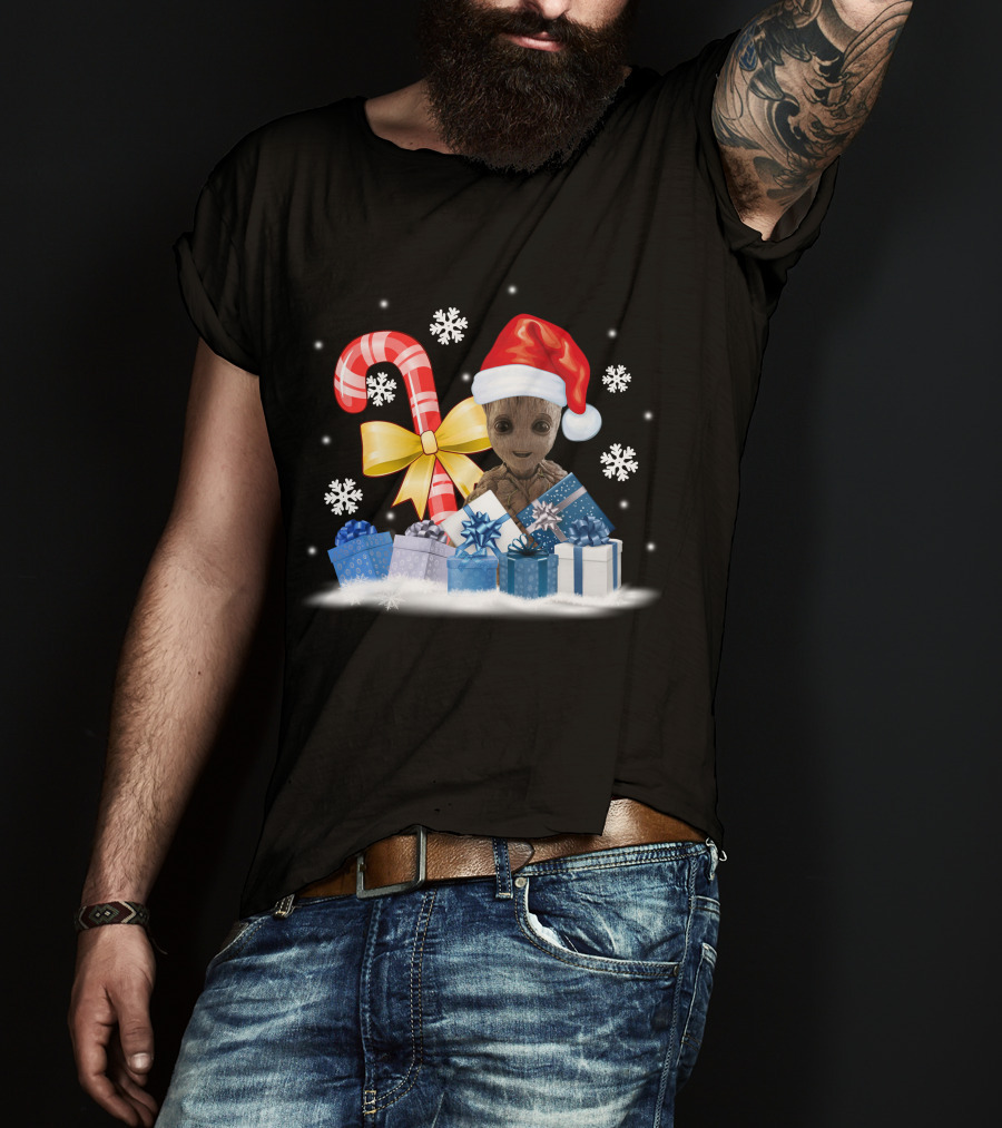 Baby Groot Christmas Santa Hat Candy Cane Snowflakes T-Shirt