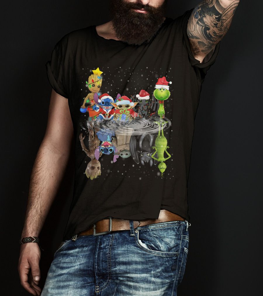Groot Stitch Yoda Grinch Christmas Reflection T-Shirt