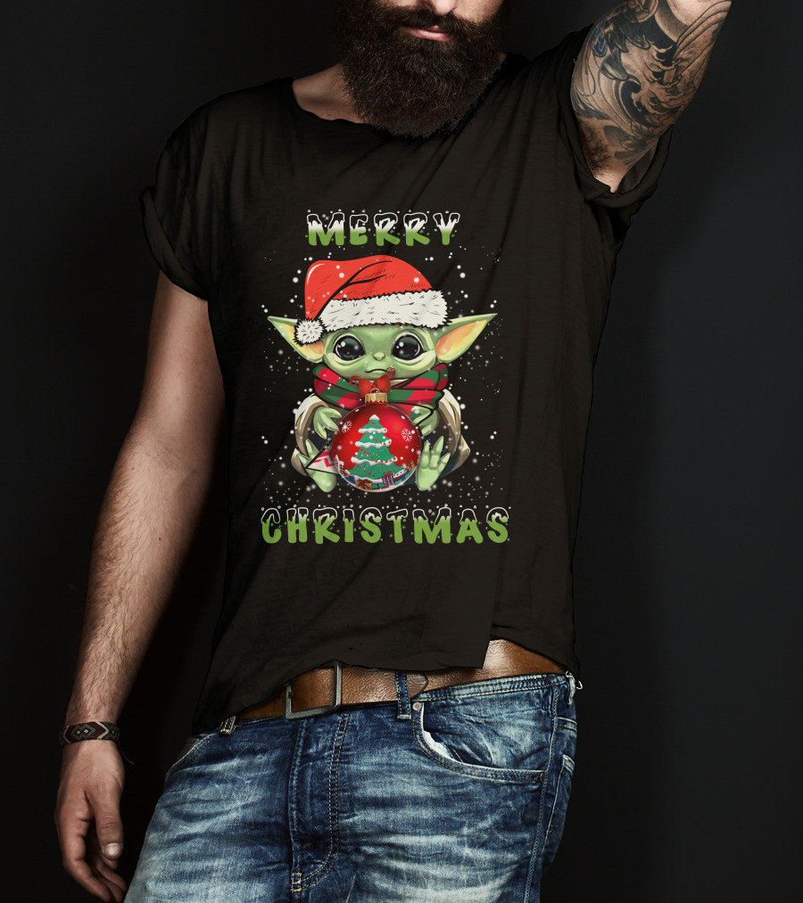 Merry Christmas Baby Alien Santa Hat Snowflakes T-Shirt