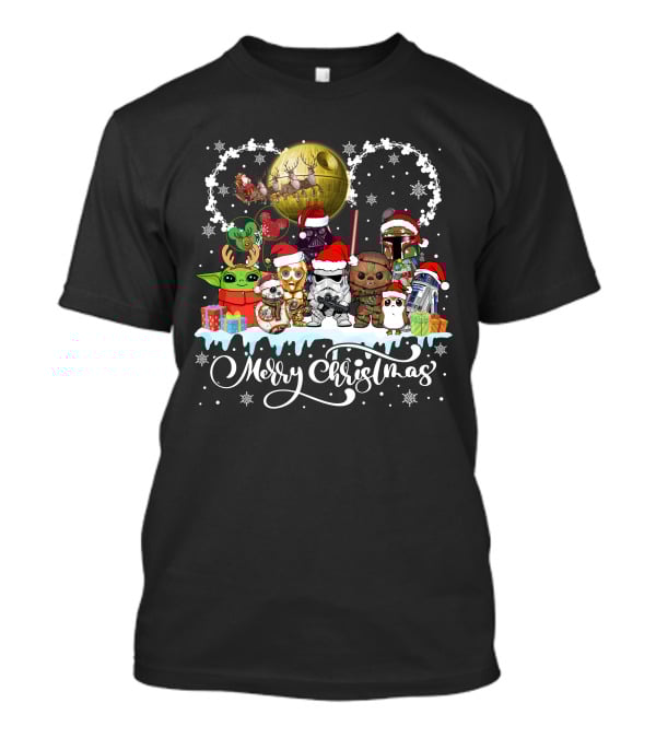 Merry Christmas Star Warss Characters Santa Hats Snowflakes T-Shirt