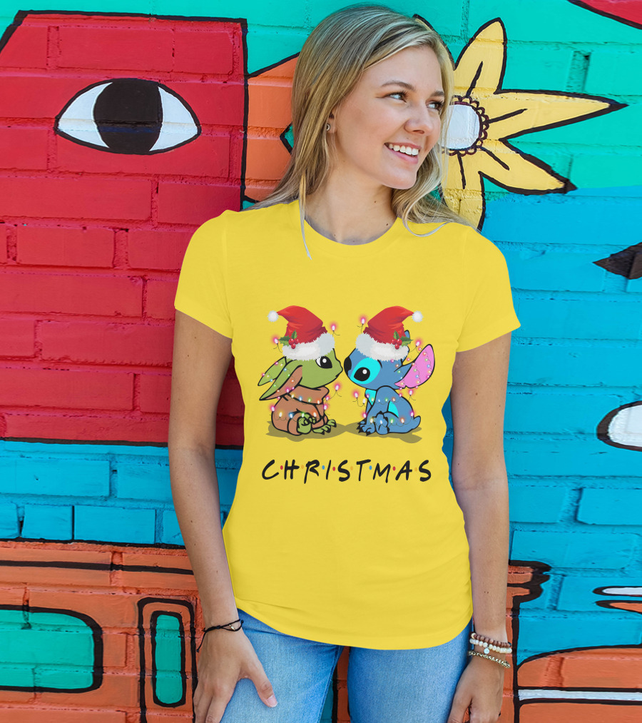 Christmas Yoda And Stitch Santa Hats T-Shirt