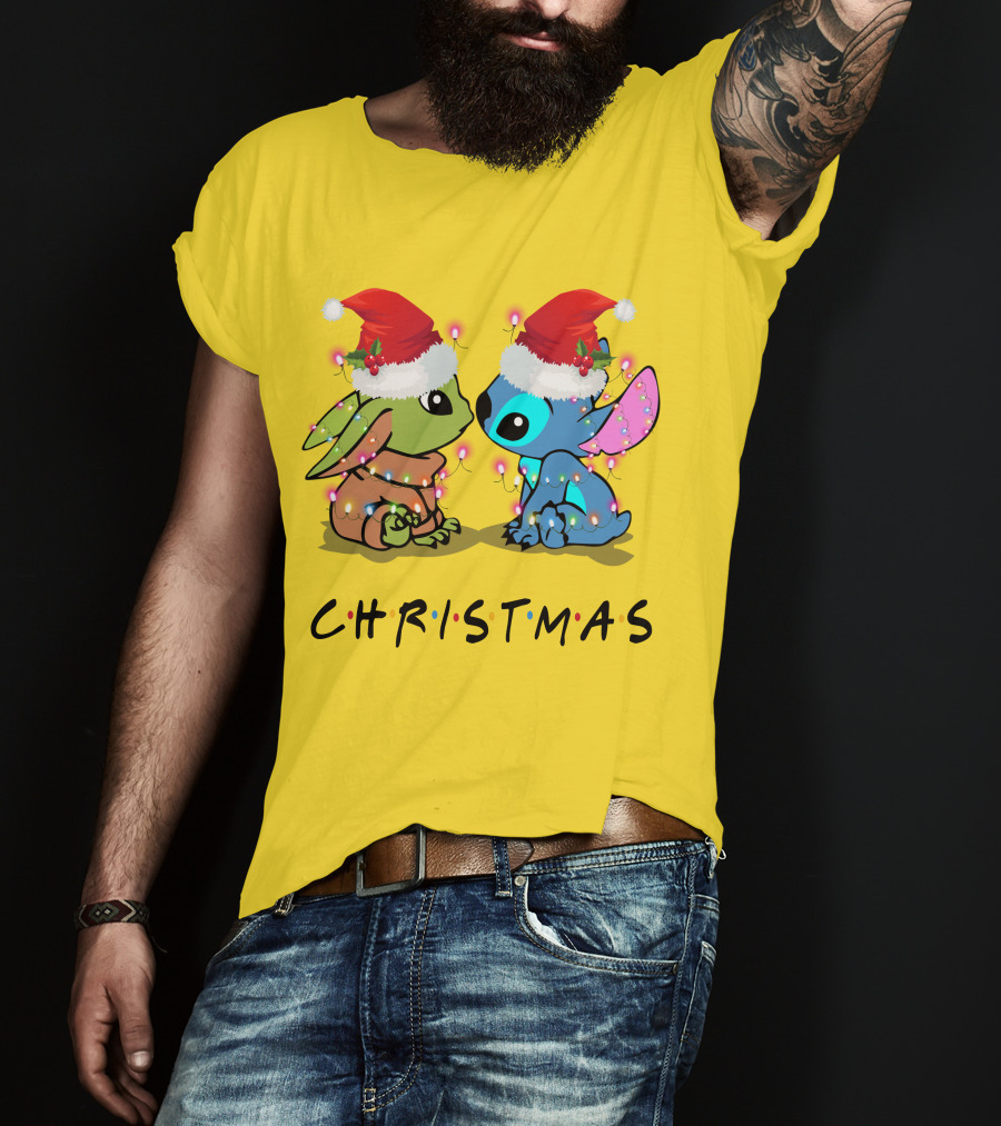 Christmas Yoda And Stitch Santa Hats T-Shirt