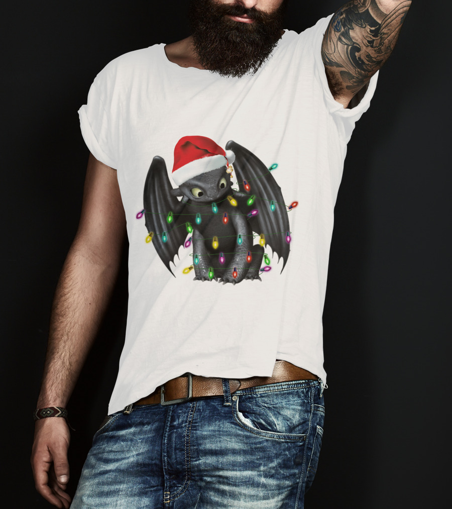 How To Train Your Dragon ZN 297 Toothless Christmas Lights Santa Hat T-Shirt