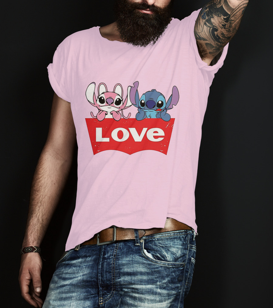Stitch Love Pink And Blue Character Red Love Block T-Shirt
