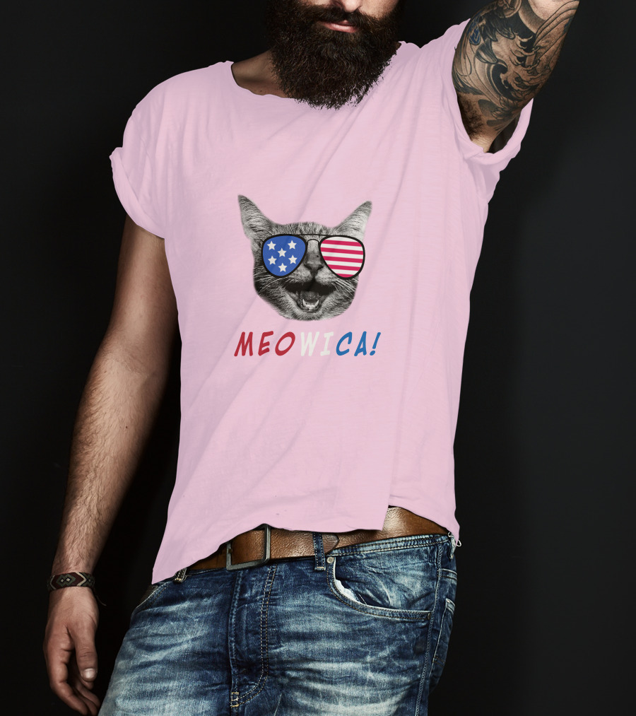 Meowica Cat Wearing American Flag Sunglasses T-Shirt
