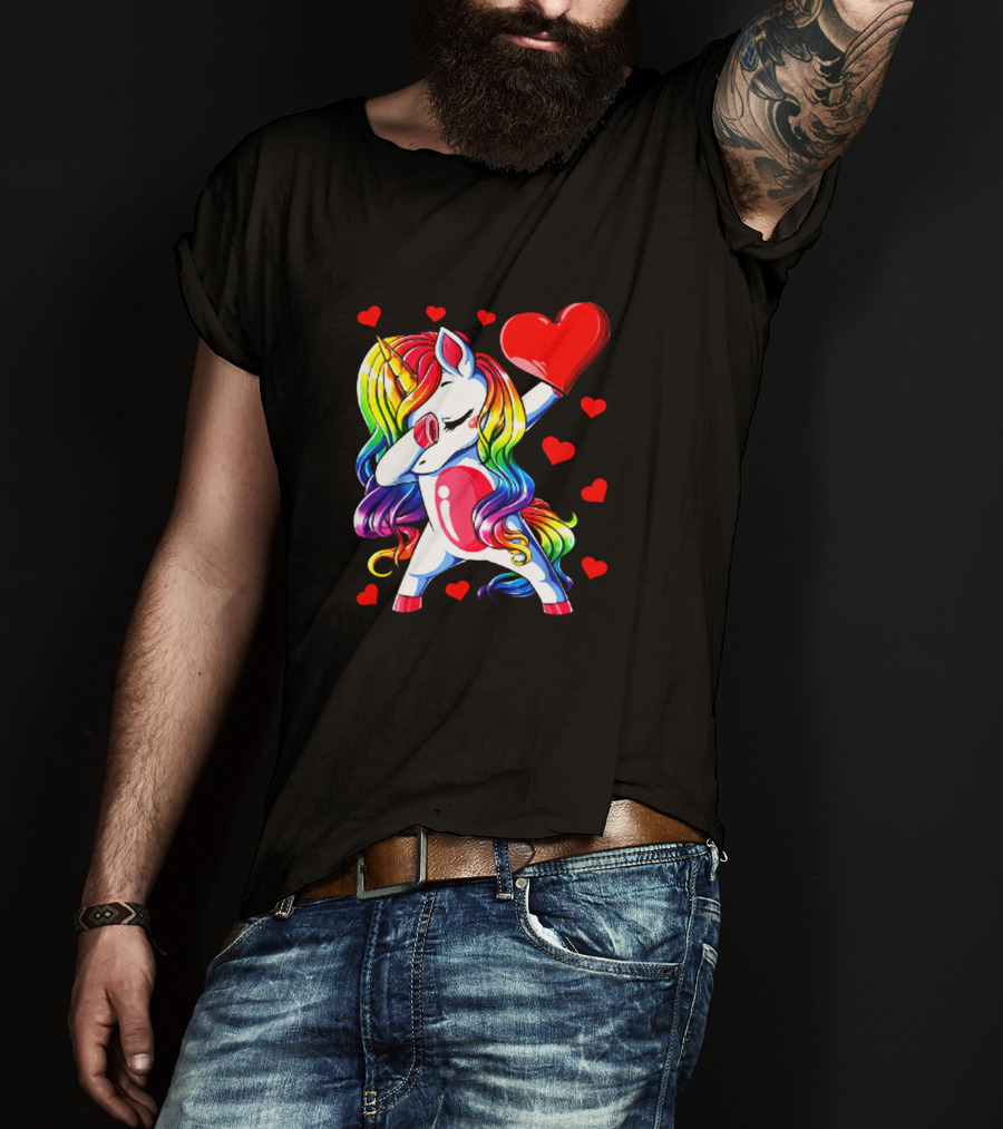 Rainbow Dabbing Unicorn Heart Valentines Day Girls T-Shirt