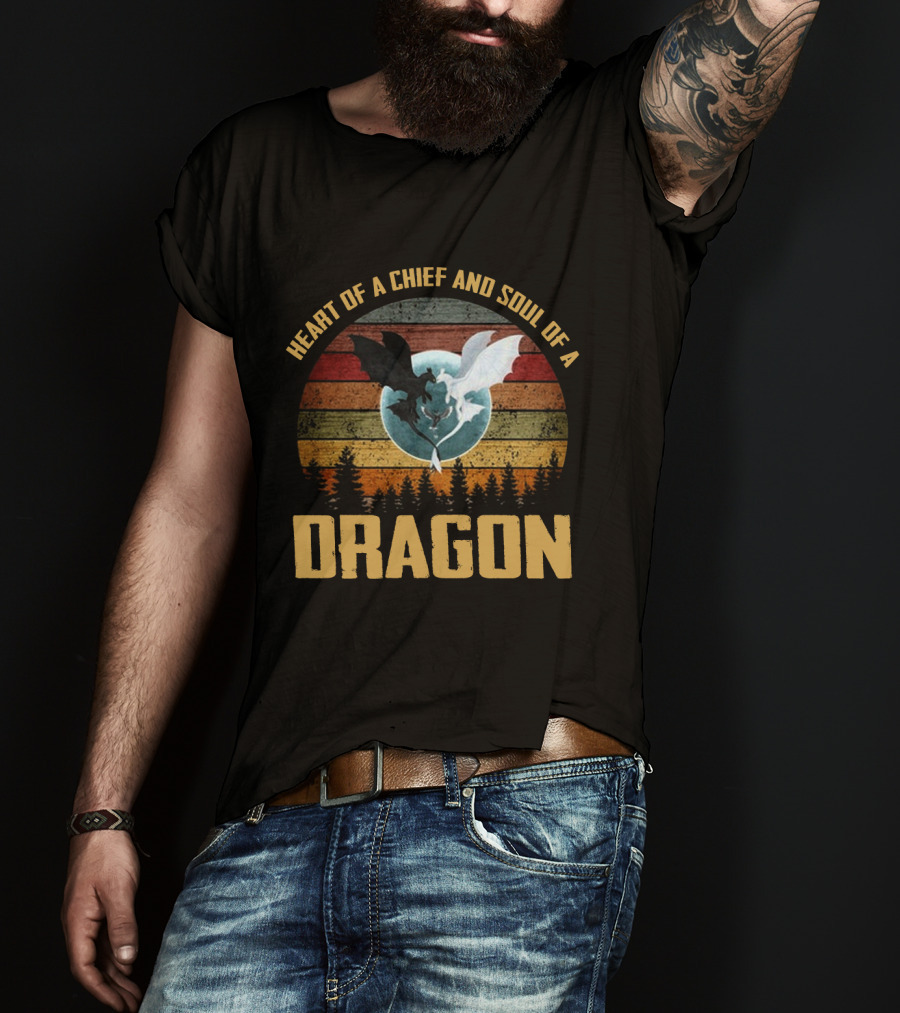 Heart Of A Chief And Soul Of A Dragon With Silhouette Of Two Dragons On Retro Stripes T-Shirt