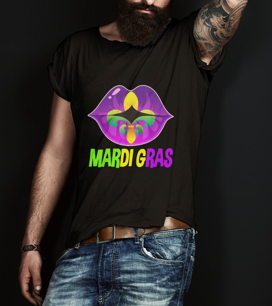 Mardi Gras Lip Fleur De Lis Purple Green Yellow T-Shirt
