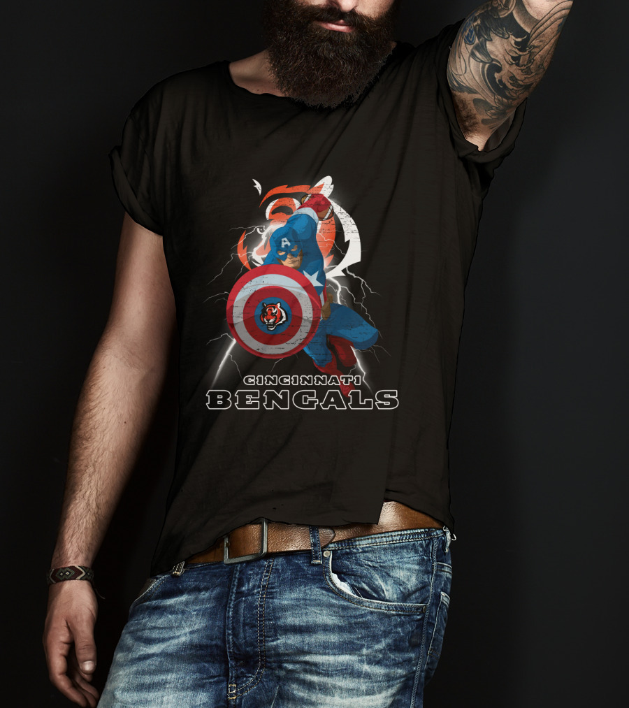Captain America Cincinnati Bengals Nfl Lightning Shield T-Shirt