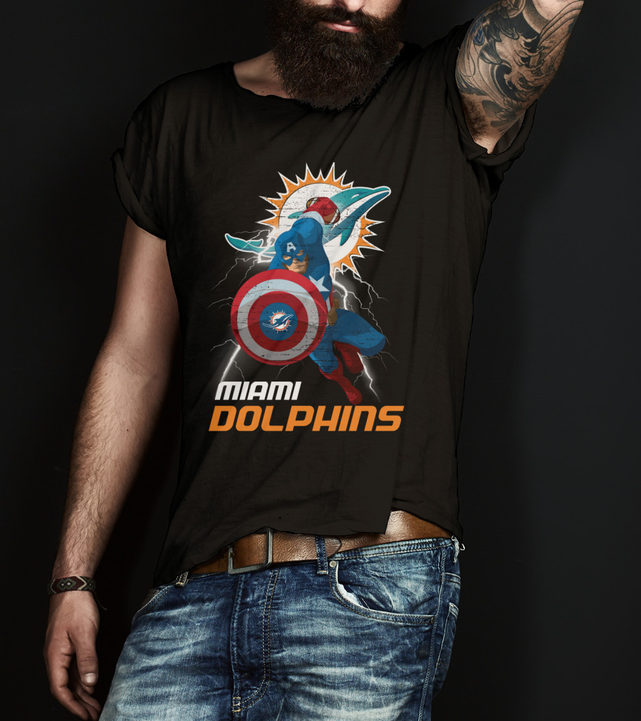 Captain America Miami Dolphins Nfl Lightning Action T-Shirt