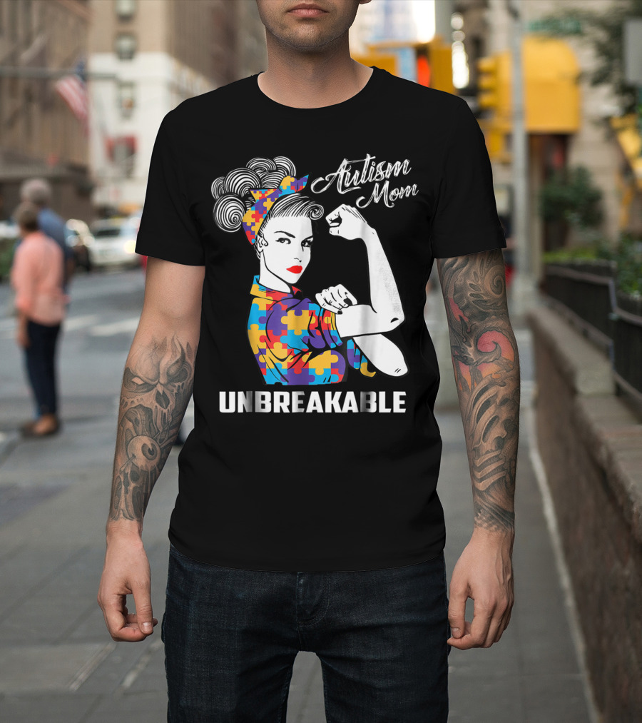 Unbreakable Autism Mom With Puzzle Pattern Retro Rosie The Riveter T-Shirt