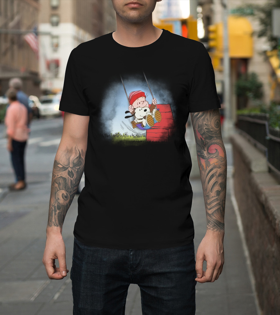 Charlie Brown And Snoopy Swinging On Doghouse T-Shirt