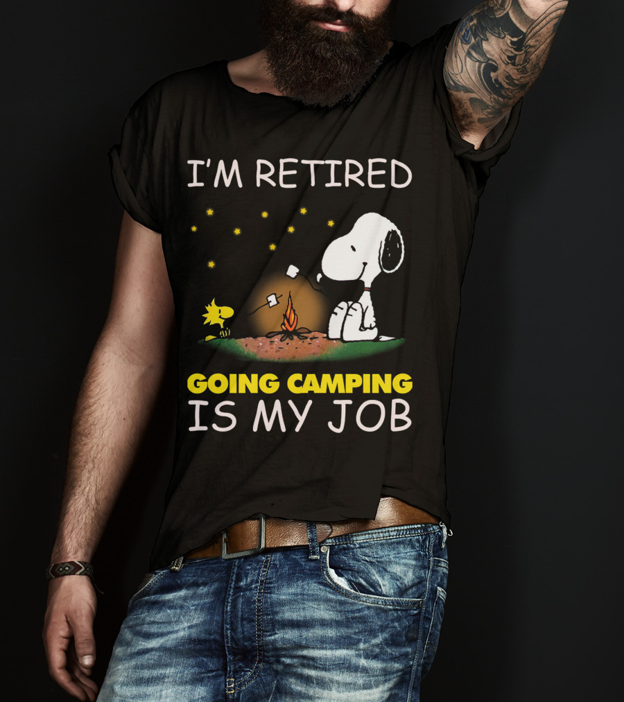 I’m Retired Going Camping Is My Job Snoopy And Woodstock Campfire Scene T-Shirt