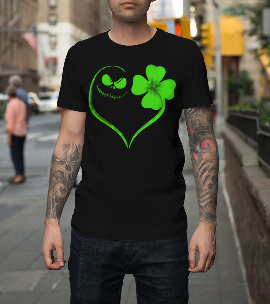 Jack Skellington Heart With Shamrock For St. Patrick's Day T-Shirt