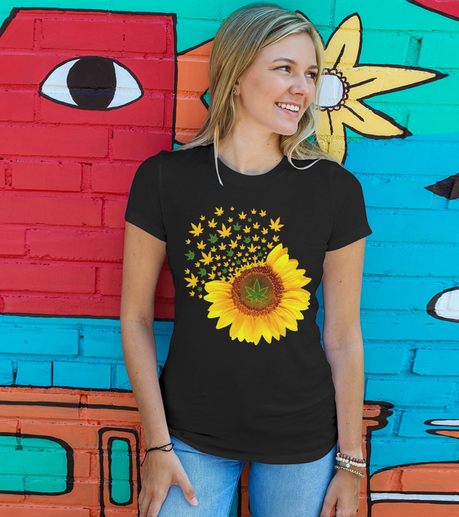 Sunflower With Dispersing Yellow And Green Weed Leaves T-Shirt