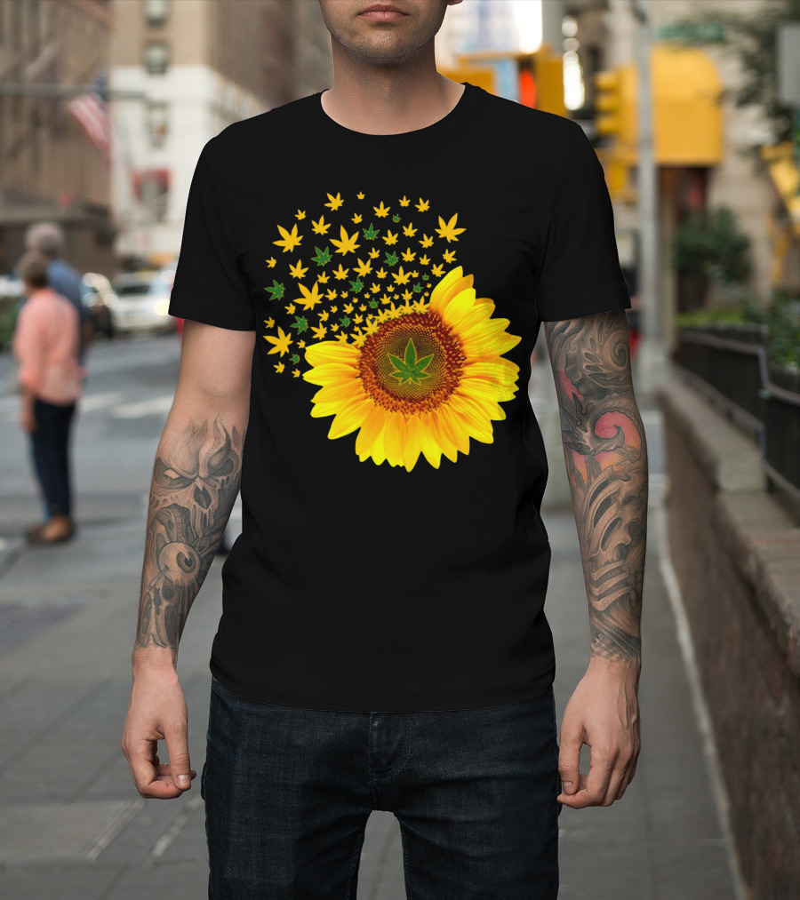 Sunflower With Dispersing Yellow And Green Weed Leaves T-Shirt
