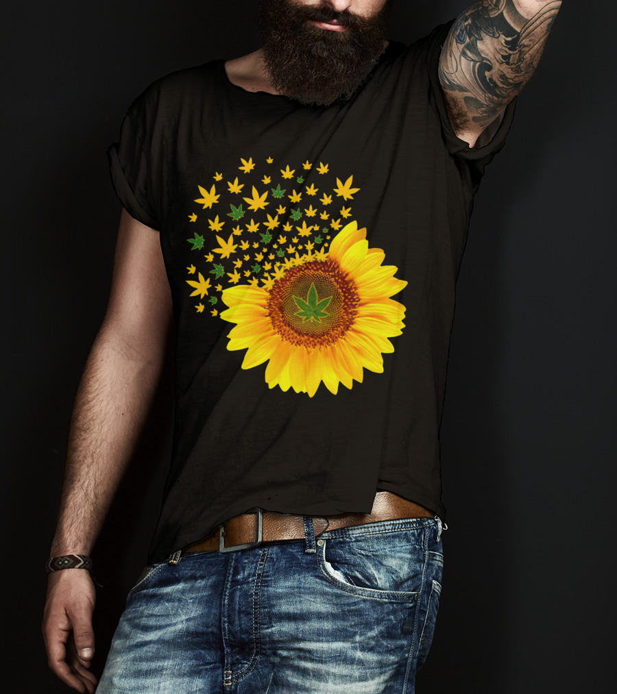 Sunflower With Dispersing Yellow And Green Weed Leaves T-Shirt