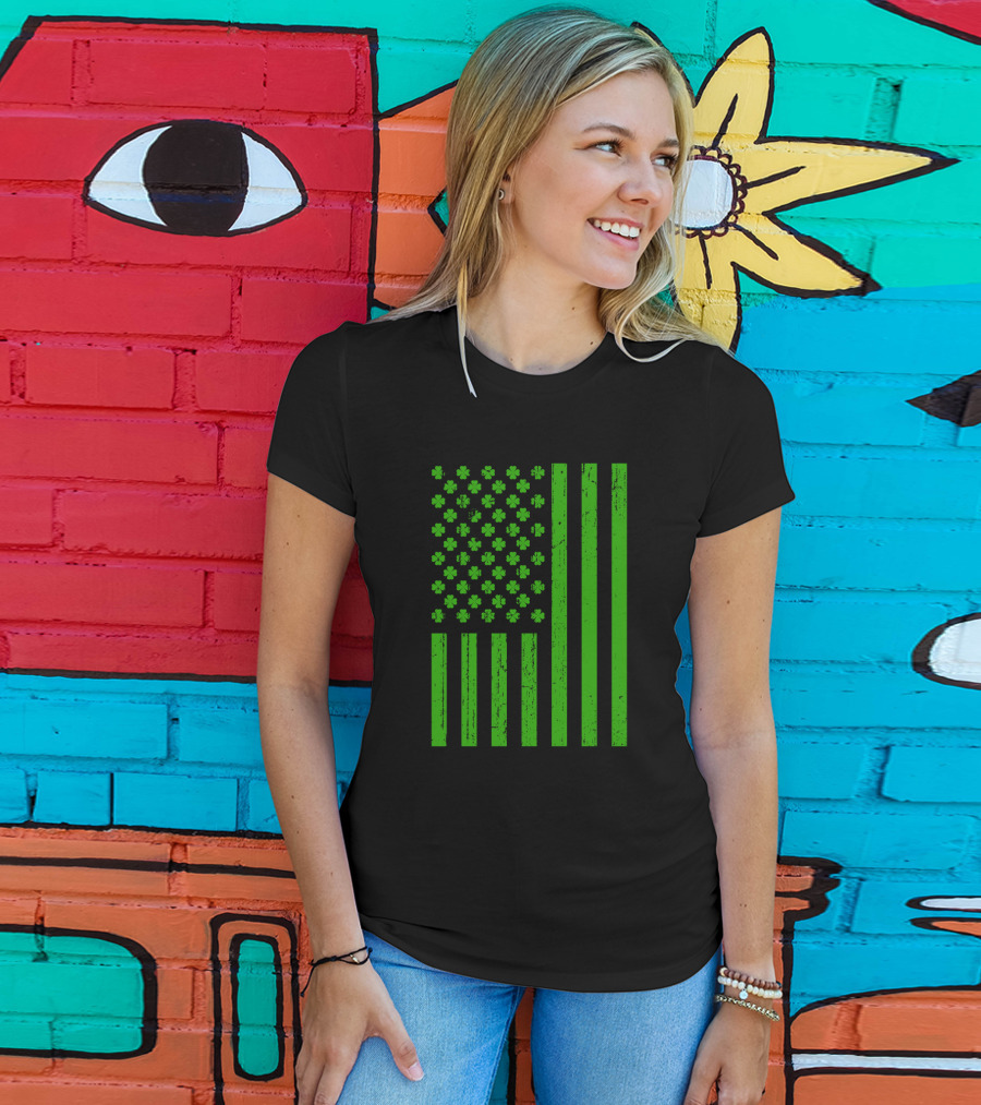 Happy St. Patrick's Day Shamrock American Flag Irish T-Shirt