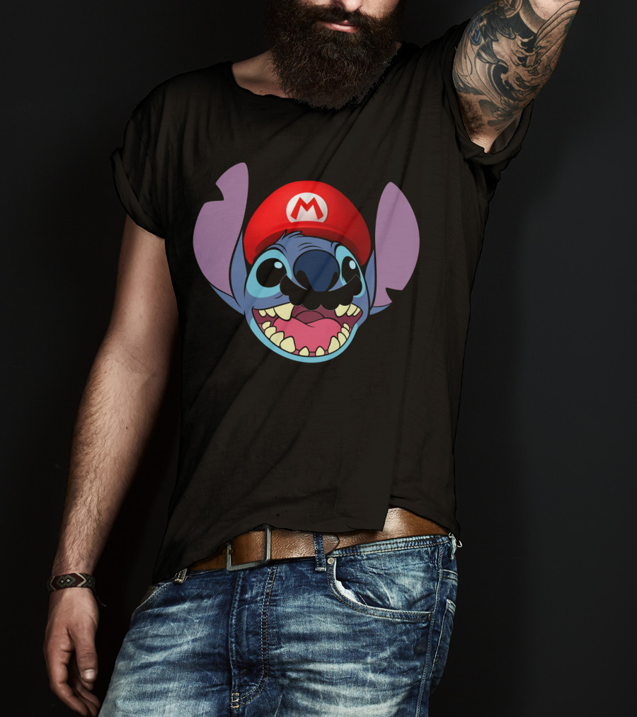 Stitch Wearing Mario Hat And Mustache Cartoon Crossover T-Shirt