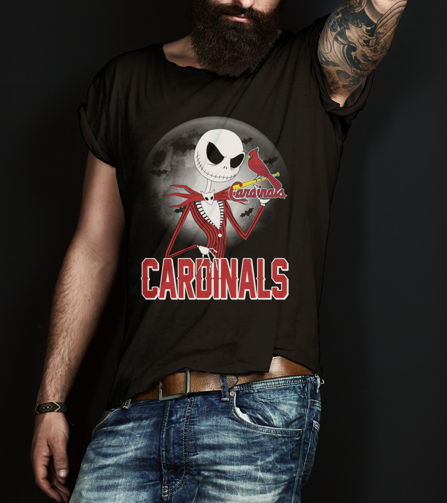 Cardinals Jack Skeleton Halloween St. Louis Cardinals Logo Moon Background T-Shirt