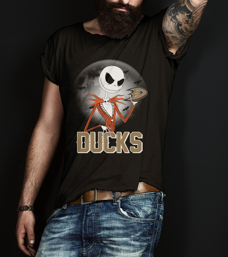 Jack Skellington Anaheim Ducks Halloween Moon And Bats T-Shirt