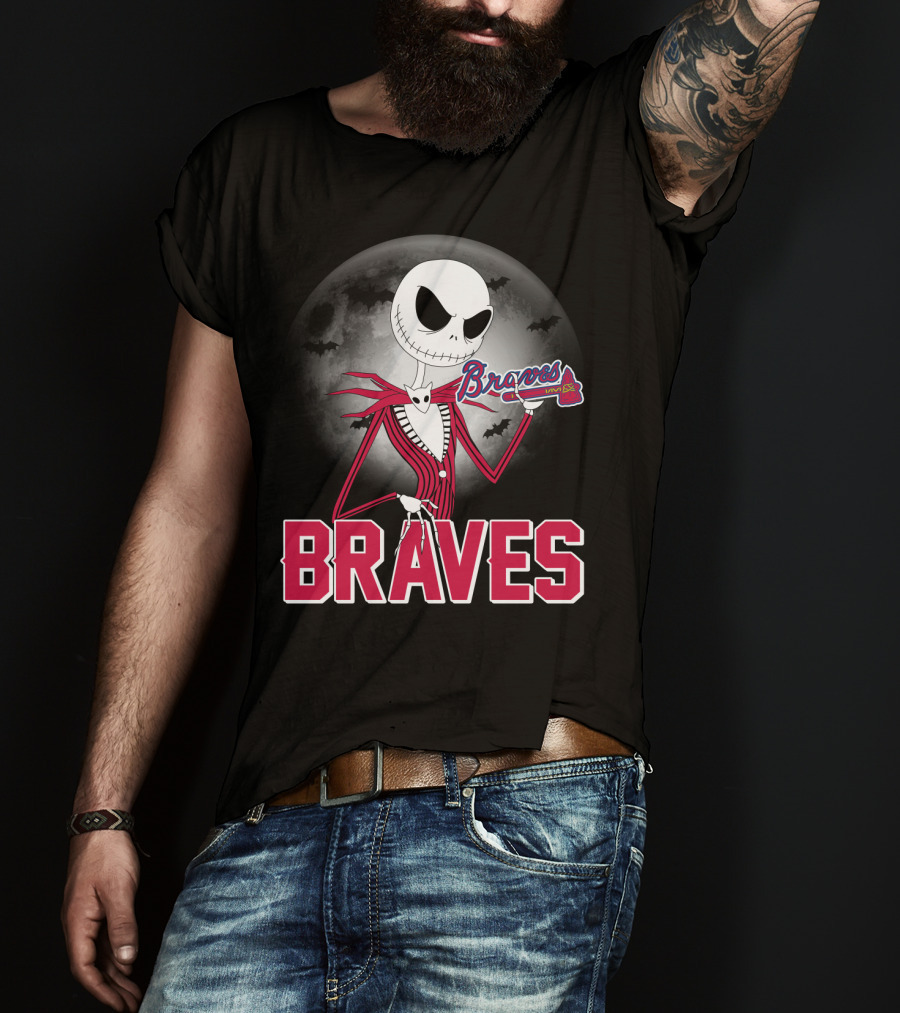 Jack Skellington Braves Halloween With Atlanta Baseball Moon And Bats T-Shirt