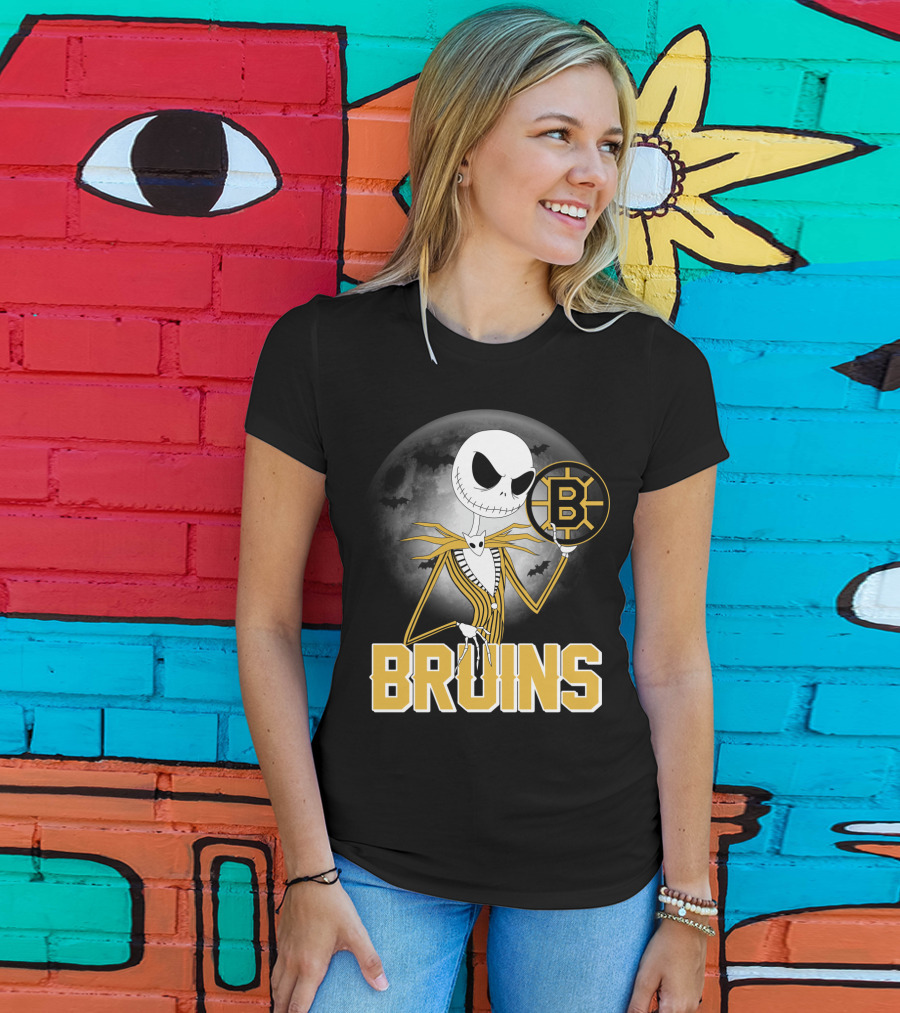 Jack Skellington Halloween Boston Bruins Moon And Bats T-Shirt