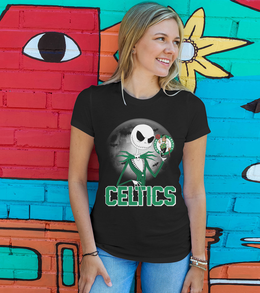 Celtics Jack Skellington Halloween Boston Celtics Moon And Bats T-Shirt