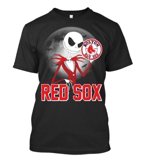 Jack Skellington Holding Boston Red Sox Logo With Halloween Moon Background T-Shirt
