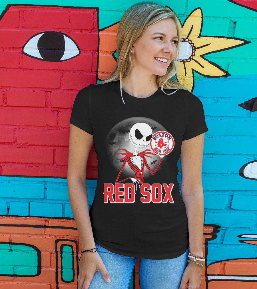 Jack Skellington Holding Boston Red Sox Logo With Halloween Moon Background T-Shirt