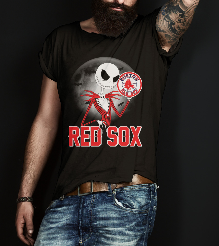 Jack Skellington Holding Boston Red Sox Logo With Halloween Moon Background T-Shirt