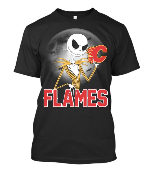 Jack Skellington Flames Halloween Calgary Hockey Crossover T-Shirt