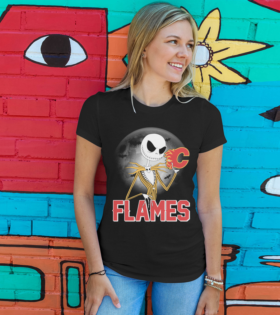 Jack Skellington Flames Halloween Calgary Hockey Crossover T-Shirt