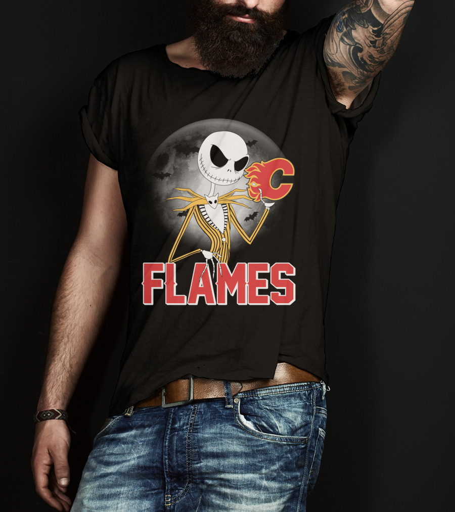 Jack Skellington Flames Halloween Calgary Hockey Crossover T-Shirt