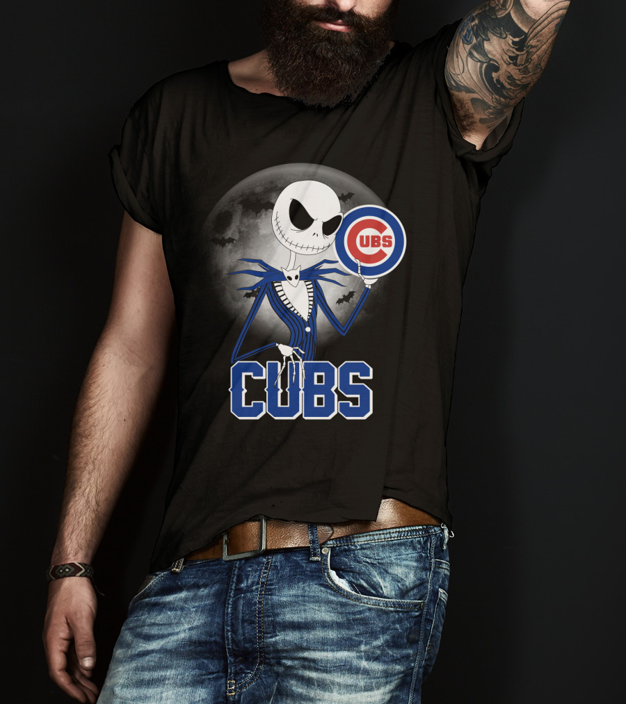 Jack Skellington Halloween Cubs Logo Fans With Full Moon And Bats T-Shirt