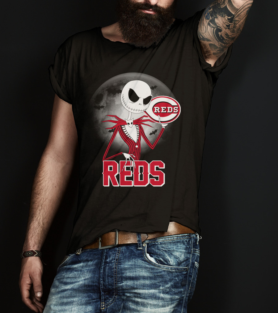 Jack Skellington With Cincinnati Reds Logo Halloween T-Shirt