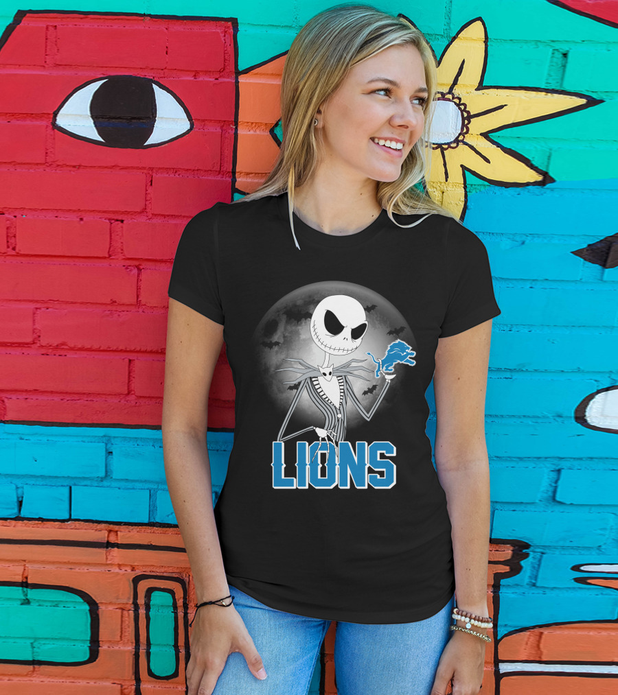 Jack Skellington Detroit Lions Halloween Night Full Moon Bats T-Shirt