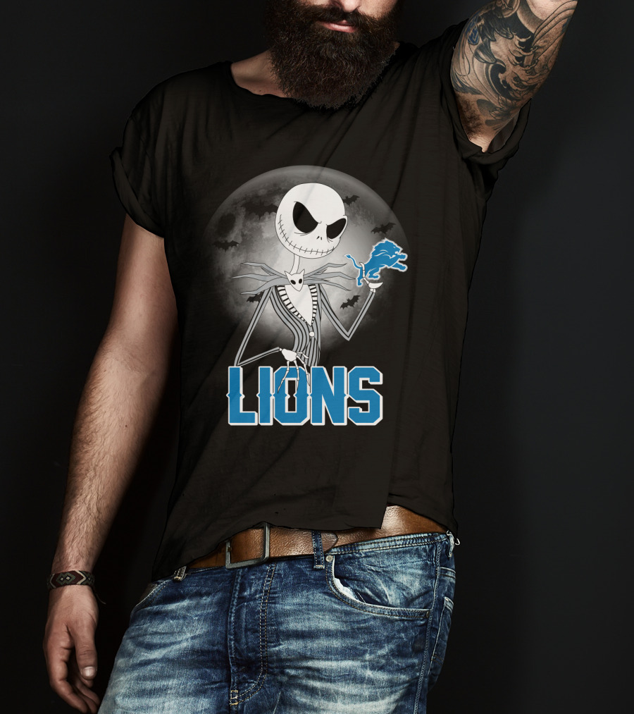 Jack Skellington Detroit Lions Halloween Night Full Moon Bats T-Shirt