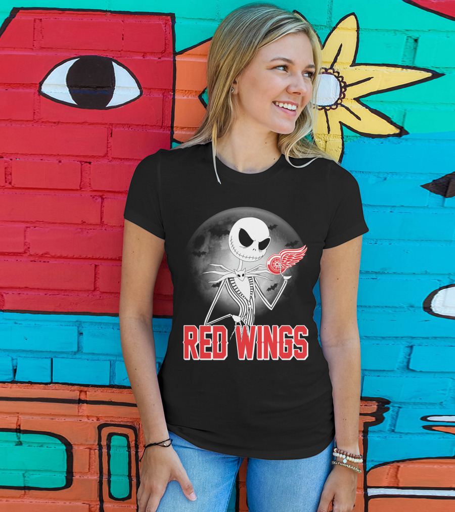 Jack Skellington Holding Detroit Red Wings Symbol In Halloween Moonlit Scene T-Shirt