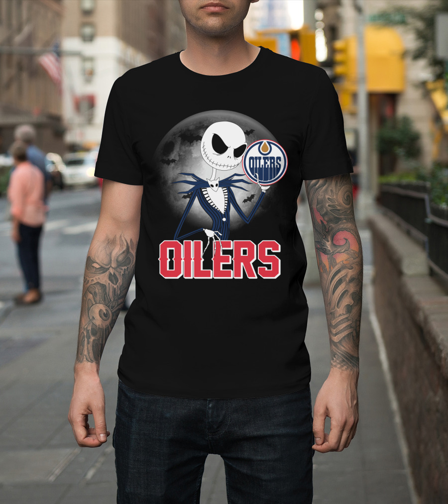 Jack Skellington Edmonton Oilers Halloween Moon Background T-Shirt