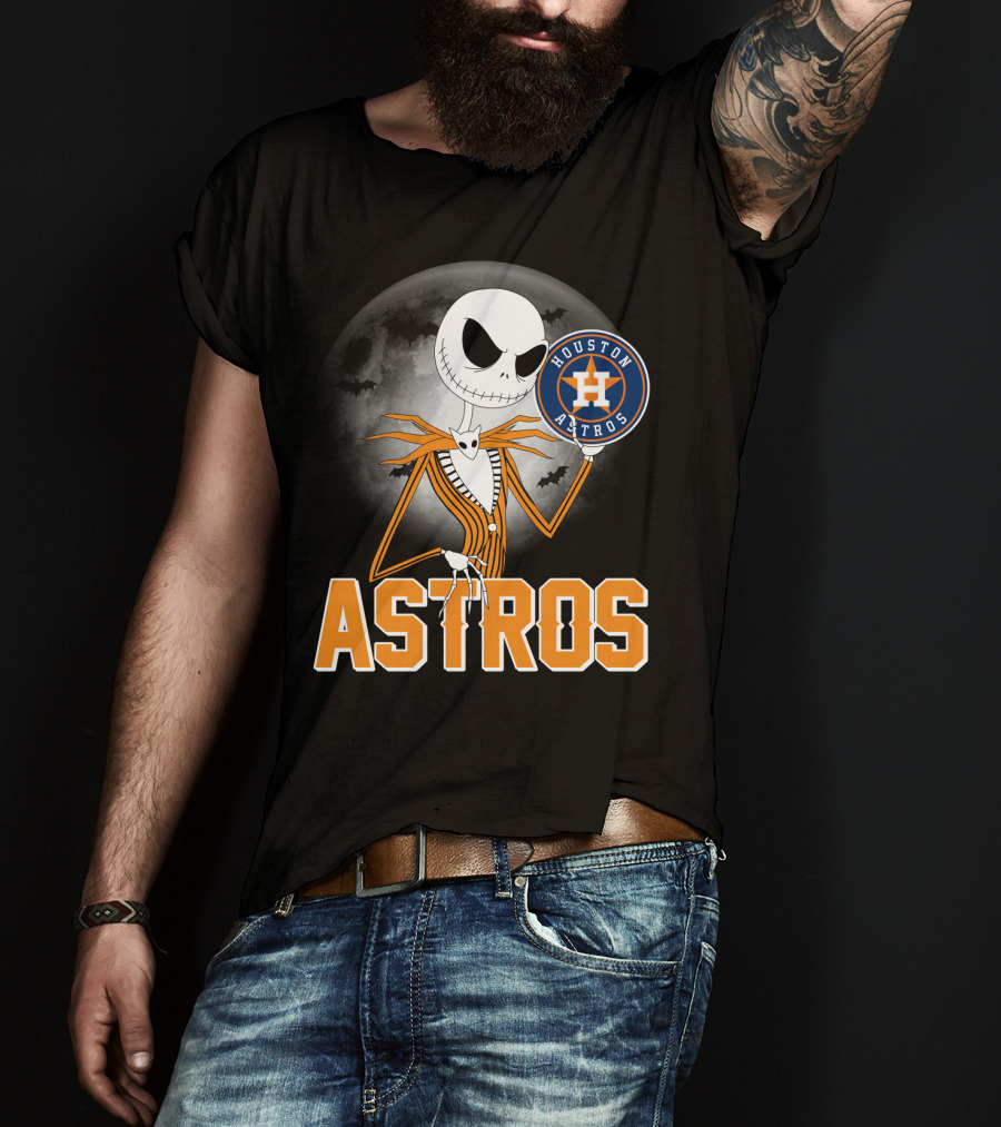 Jack Skellington Holding Houston Astros Logo With Halloween Bats T-Shirt