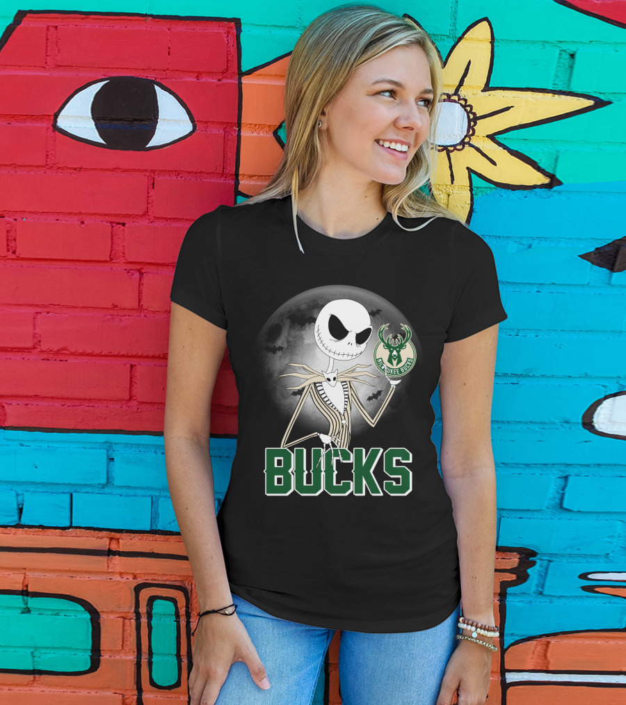 Jack Skellington Halloween Milwaukee Bucks Moon Bats T-Shirt