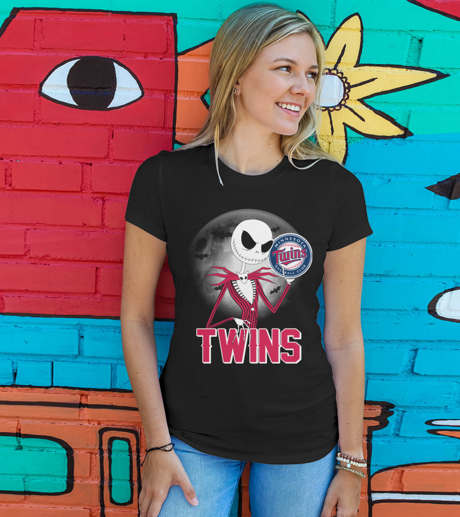 Jack Skellington Halloween Holding Minnesota Twins Baseball Club Logo With Full Moon And Bats In Background T-Shirt