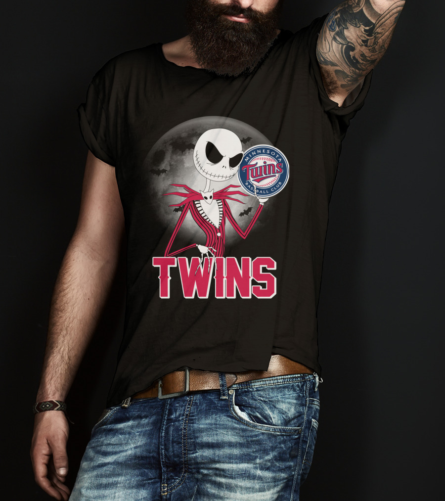 Jack Skellington Halloween Holding Minnesota Twins Baseball Club Logo With Full Moon And Bats In Background T-Shirt