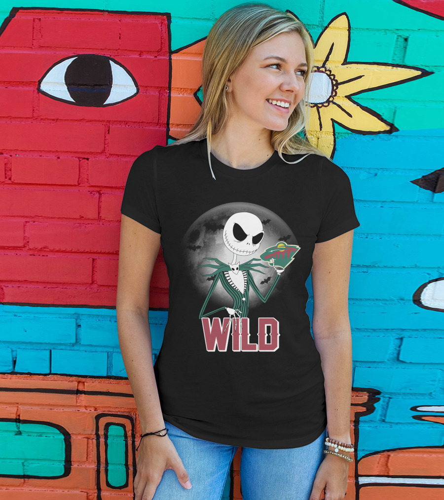 Jack Skellington Halloween Moon And Minnesota Wild Logo Spooky T-Shirt