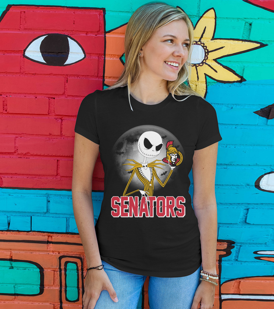 Jack Skellington Ottawa Senators Halloween Crossover With Moon And Bats Background T-Shirt
